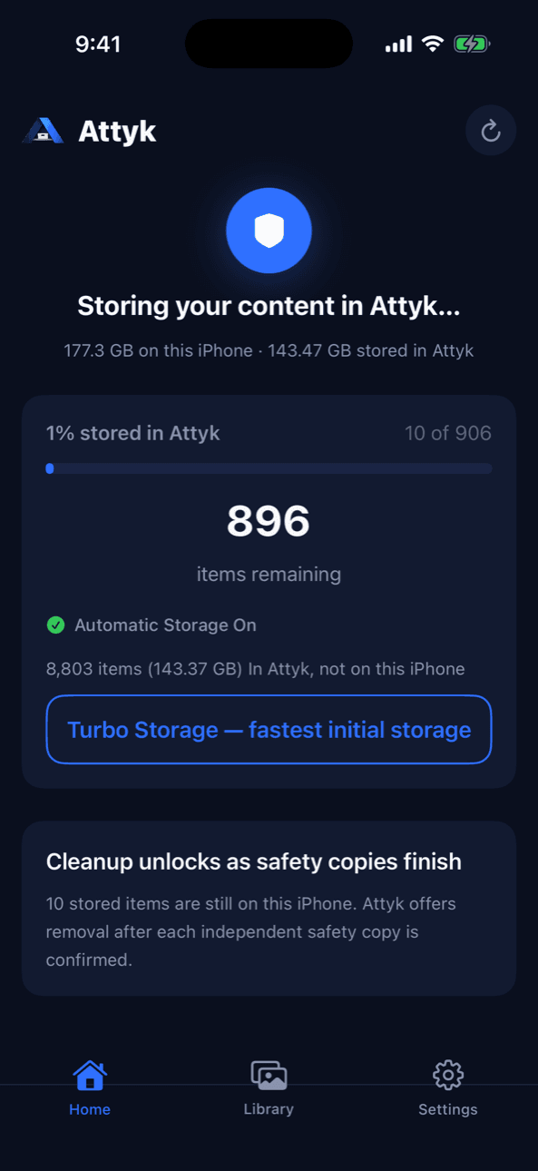 Attyk Home with Automatic Storage on, showing items remaining and Turbo Storage