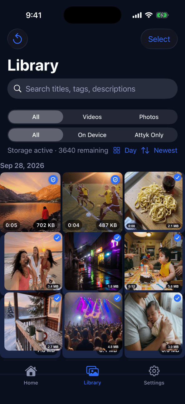 Attyk Library grid of photos and videos with stored badges