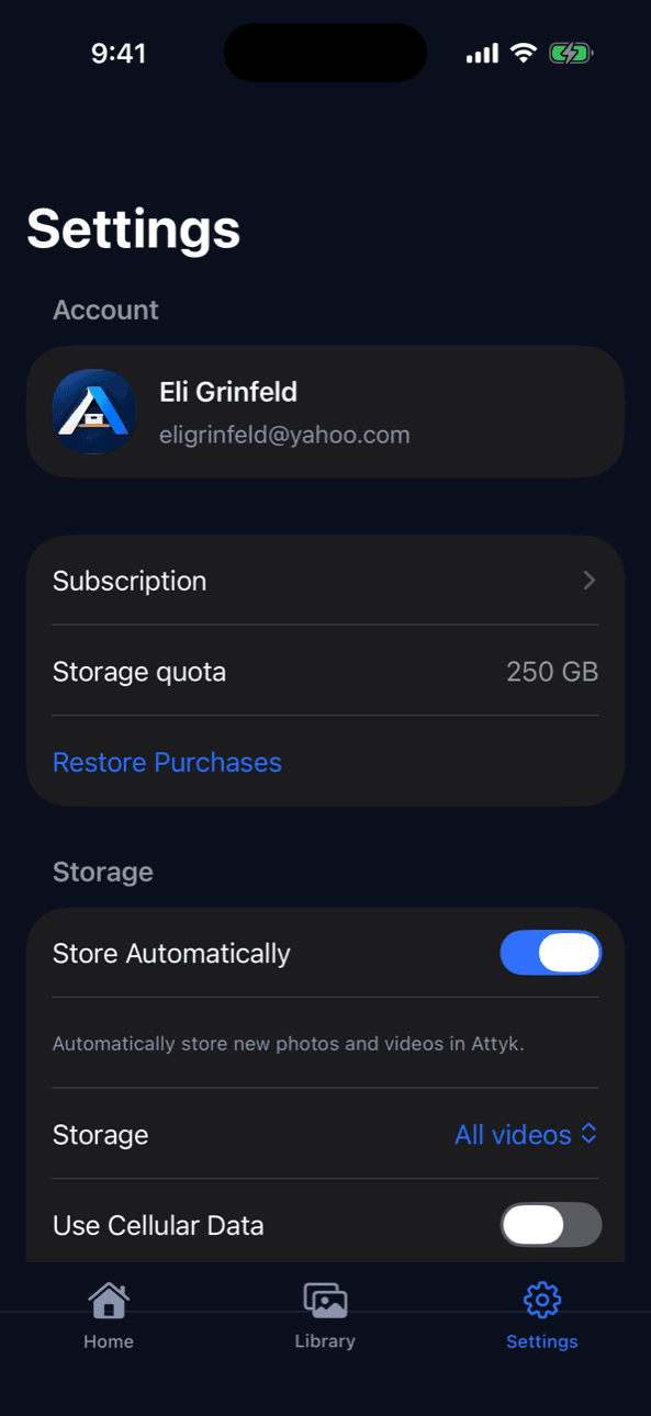 Attyk Settings: signed-in account, 250 GB quota, Automatic Storage, and cellular off